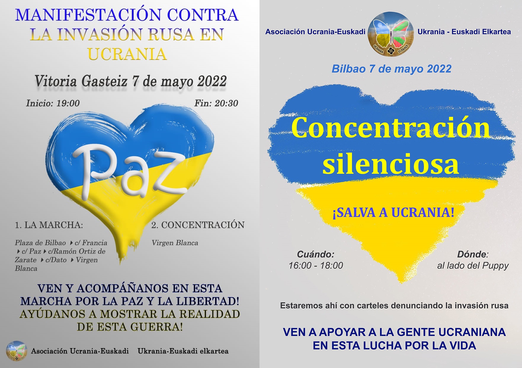 Dos carteles que informan sobre las manigestaciones el 7 de mayo de 2022 en Vitoria y Bilbao en apoyo a Ucrania