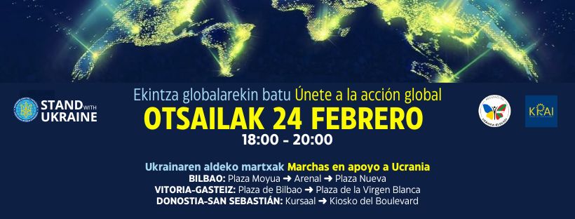 Cartel que anuncia las marchas en apoyo a Ucrania que tendrán lugar el 24 de febrero de 2024 en Bilbao, Vitoria-Gasteiz y San Sebastián