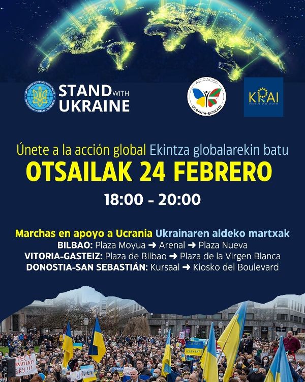 Cartel que anuncia las marchas en apoyo a Ucrania que tendrán lugar el 24 de febrero de 2024 en Bilbao, Vitoria-Gasteiz y San Sebastián, convocadas por la Asociación Ucrania-Euskadi