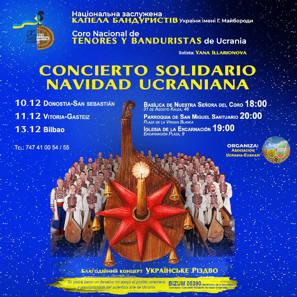 Anuncio del Concierto solidario del Coro Nacional de Tenores y Banduristas de Ucrania que tendrá lugar en Bilbao, San Sebastián y Vitoria