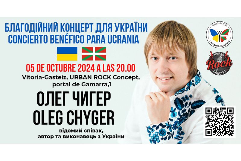 Cartel que anuncia el concierto benéfico del cantante ucraniano Oleg Chyger que tendrá lugar en Vitoria-Gasteiz el próximo 5 de octubre de 2024 organizado por la Asociación Ucrania-Euskadi