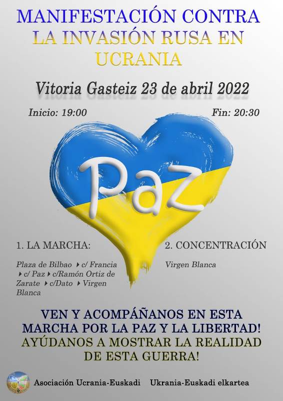 Cartel informando sobre la Manifestación contra la invasión rusa que se celebrará el 23 de abril en Vitoria