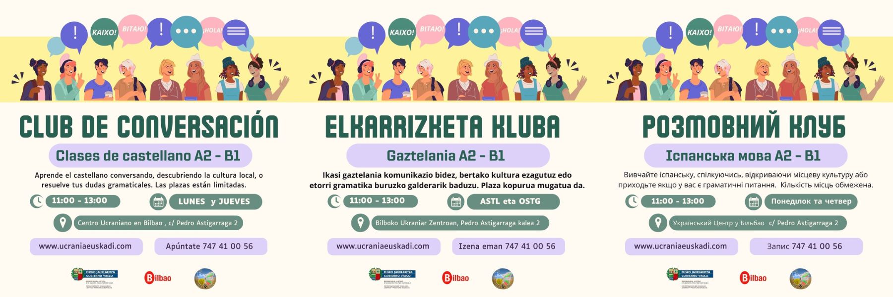 Cartel para anunciar el reincio del Club de conversación para practicar castellano en el Centro Ucraniano en Bilbao